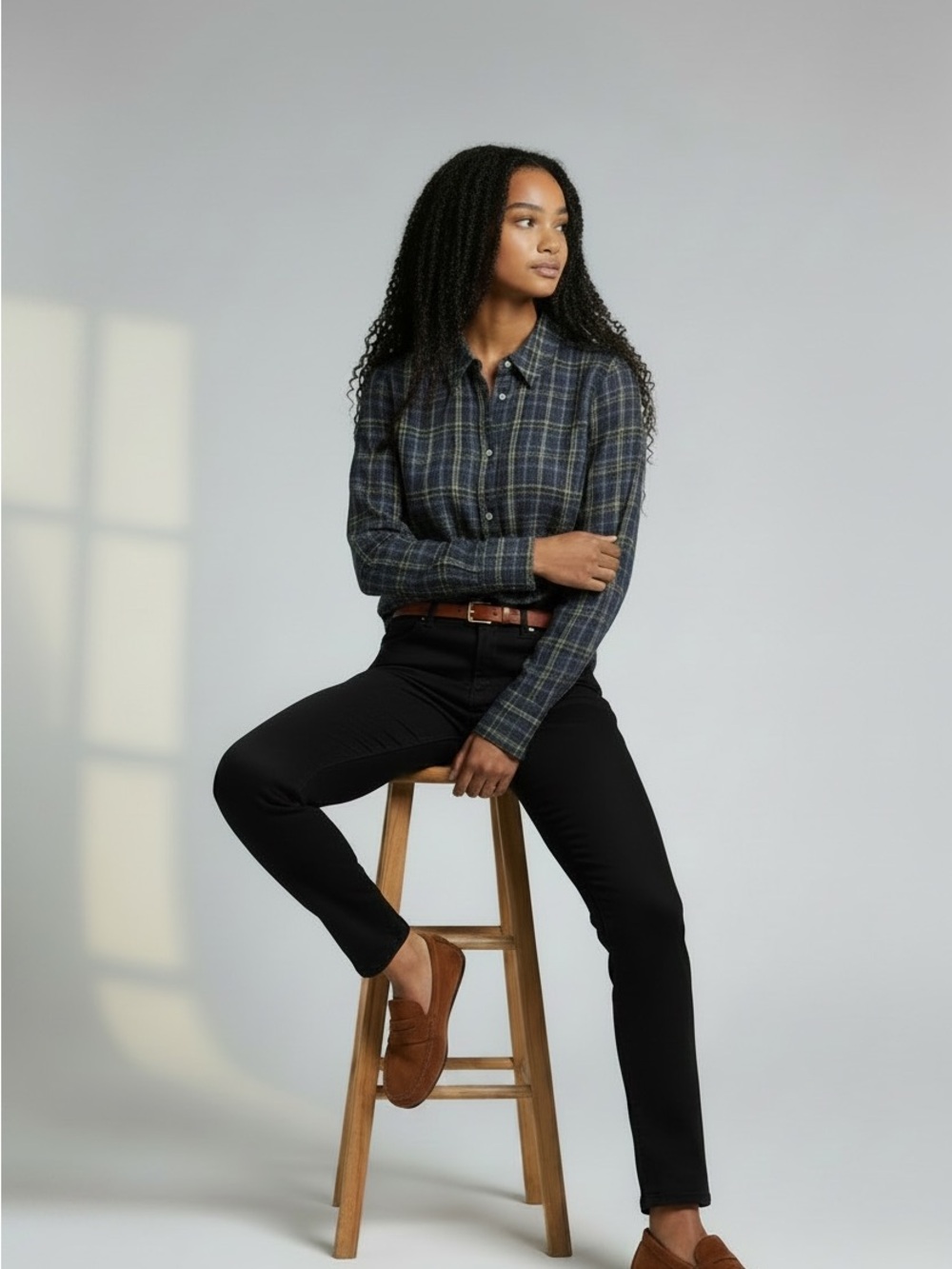 Ecru Houndstooth Windowpane Plaid Blouse Top Size S